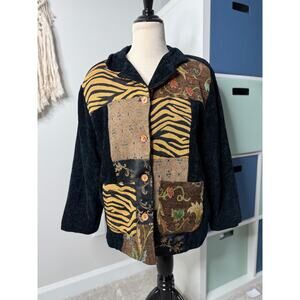 Women's Vintage Black Corduroy Patchwork Tapestry Barn Jacket Chore Coat XL